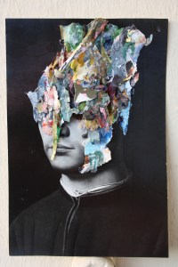 Anonymous, 2013 Dried acrylic paint collaged onto postcard, 19cm x 13cm