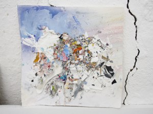Bits from the studio floor collaged onto paper with pastel and emulsion, April 2013