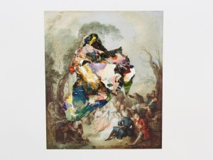 De Chasse, Dried acrylic paint collaged onto print from an old masters booklet, 2013