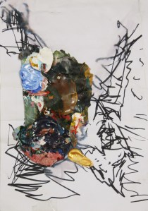 Nightwatch # 2, Pen on paper with dried acrylic paint collaged on top, 2013