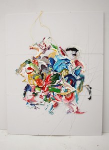 Jest, graphite, dried acrylic paint and thread collaged onto card, 2013