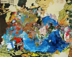 Stuck on Hokusai, Dried acrylic paint collaged onto Hokusai print, 2013
