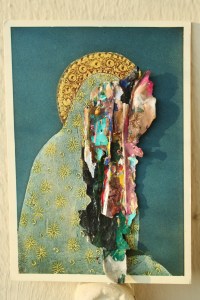 Madonna, 2013, acrylic paint collaged onto postcard, 15cm x 11cm