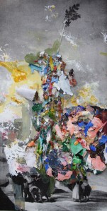 The Greased Pole, Acrylic and dried acrylic collaged onto print from a book, 2013