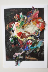 After Watts, Dried acrylic paint and torn paper collaged onto postcard, 2013