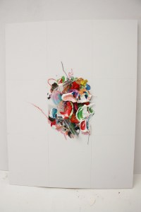 Cell, Watercolour, dried acrylic, plastic and thread on card, December 2013